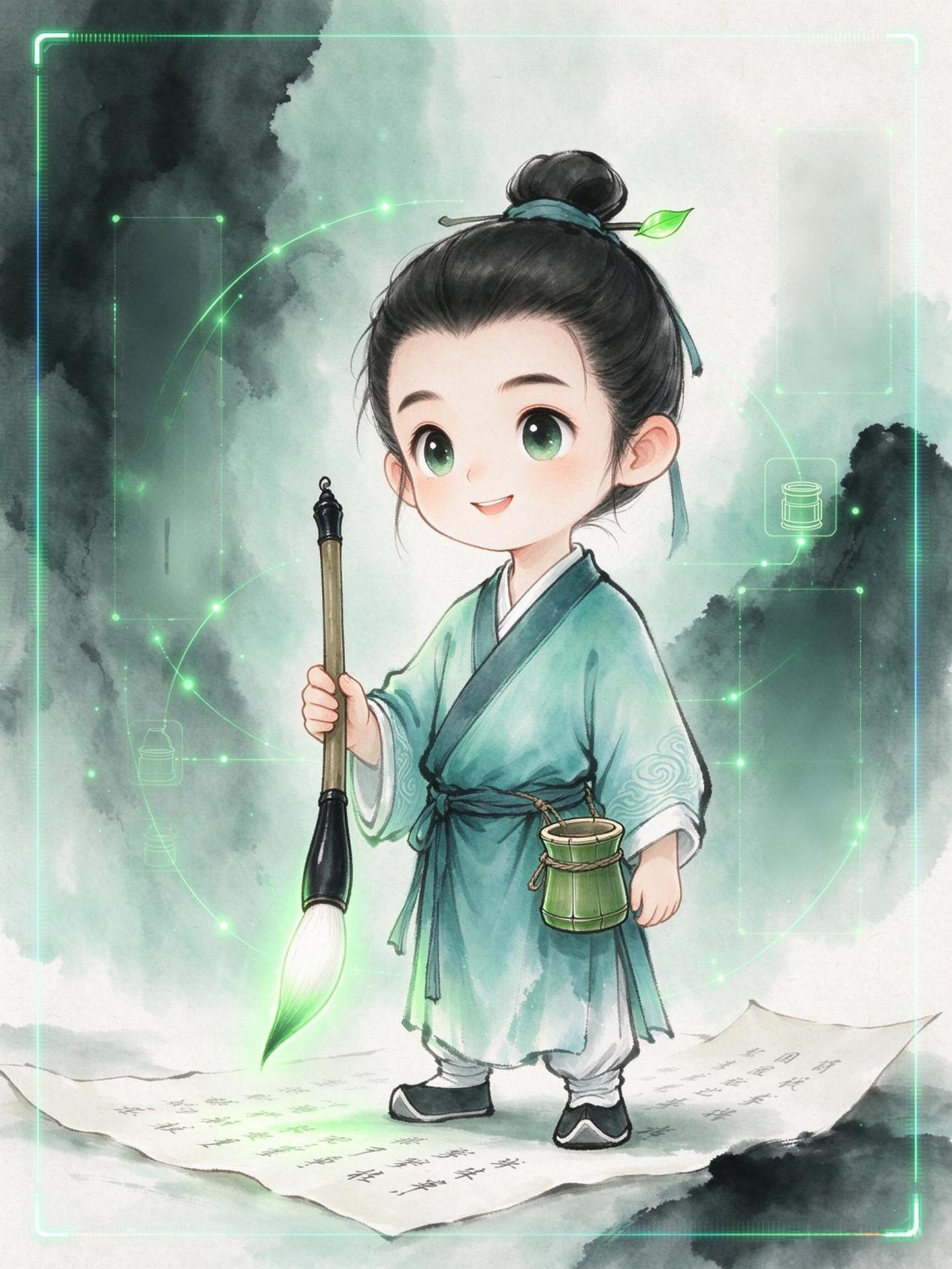 青绿色汉服小书童，手持发光毛笔